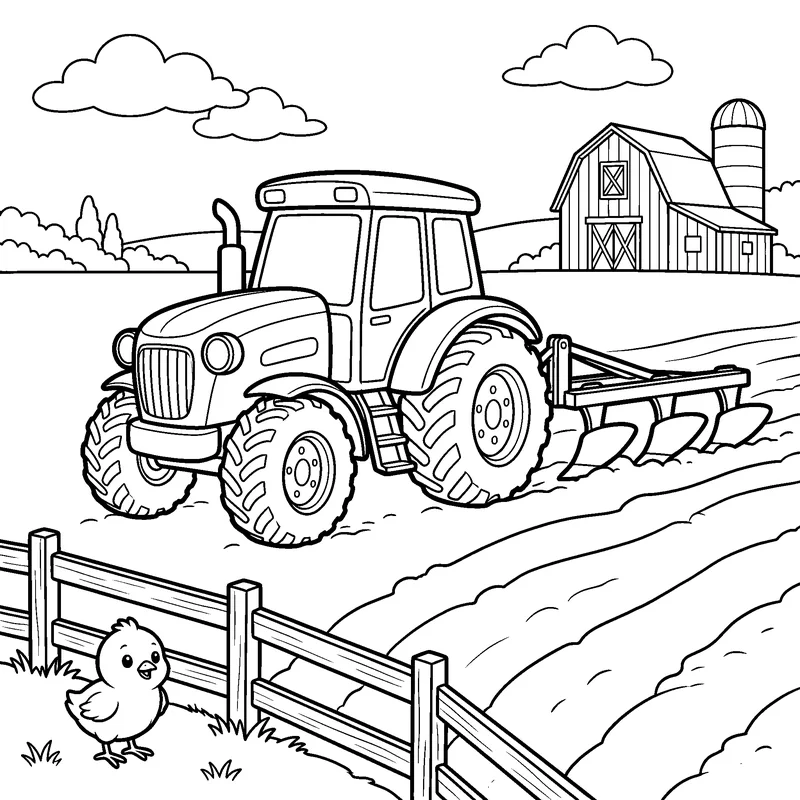 Line art: a tractor plowing with a puppy watching