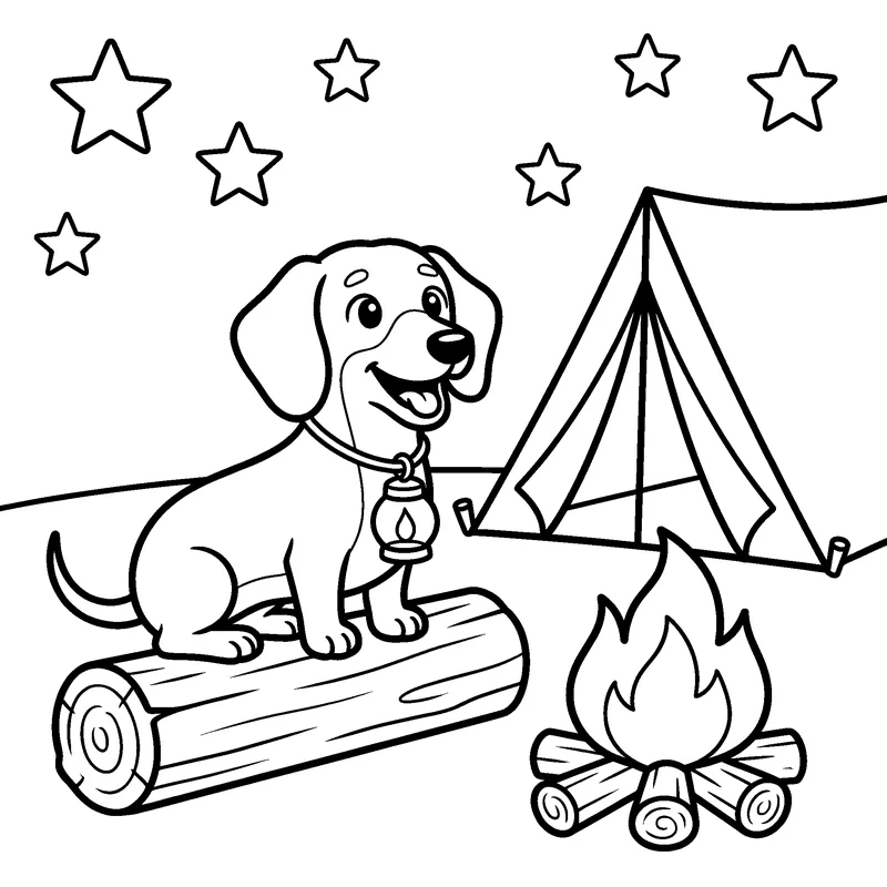 Line art: a dachshund by a campfire and tent